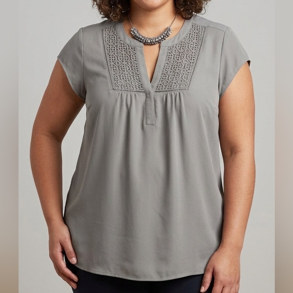 😍SHOW SPECIAL DR2 Grey Short Sleeve Lace Shoulder Blouse XL